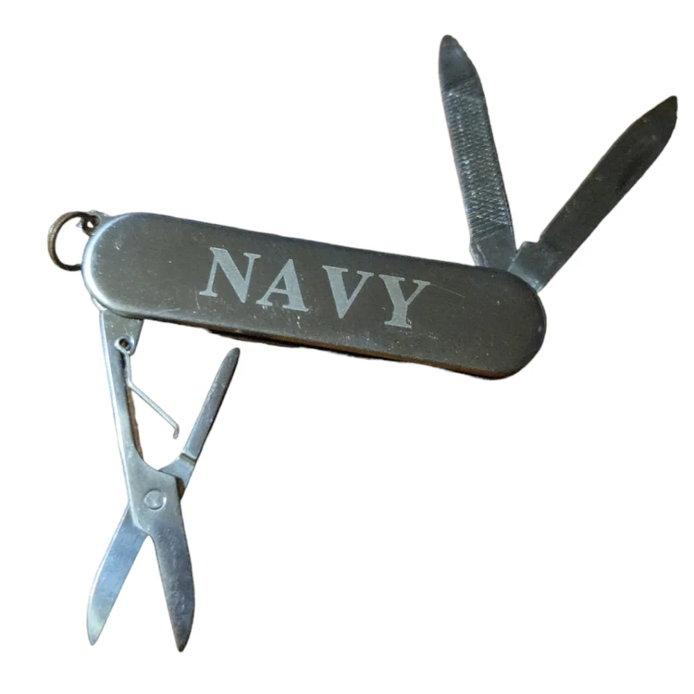 2 Navy Folding Stainless Steel Multi Tool Scissors, File, Paring Knife Tin Box
